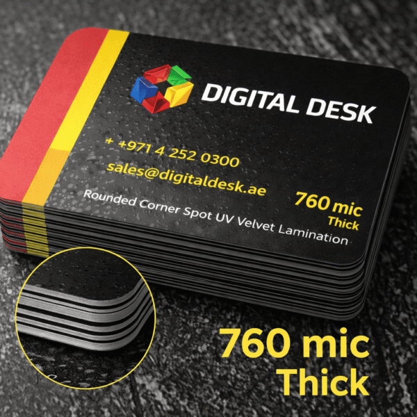 rounded corner spot UV velvet lamination business cards 760 mic thick premium printing Dubai UAE