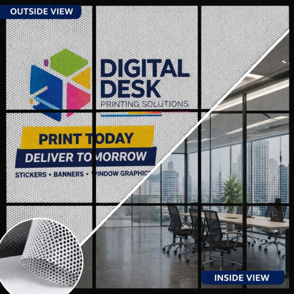 One Way Vision Sticker Printing Dubai UAE for shop glass branding and vehicle advertising