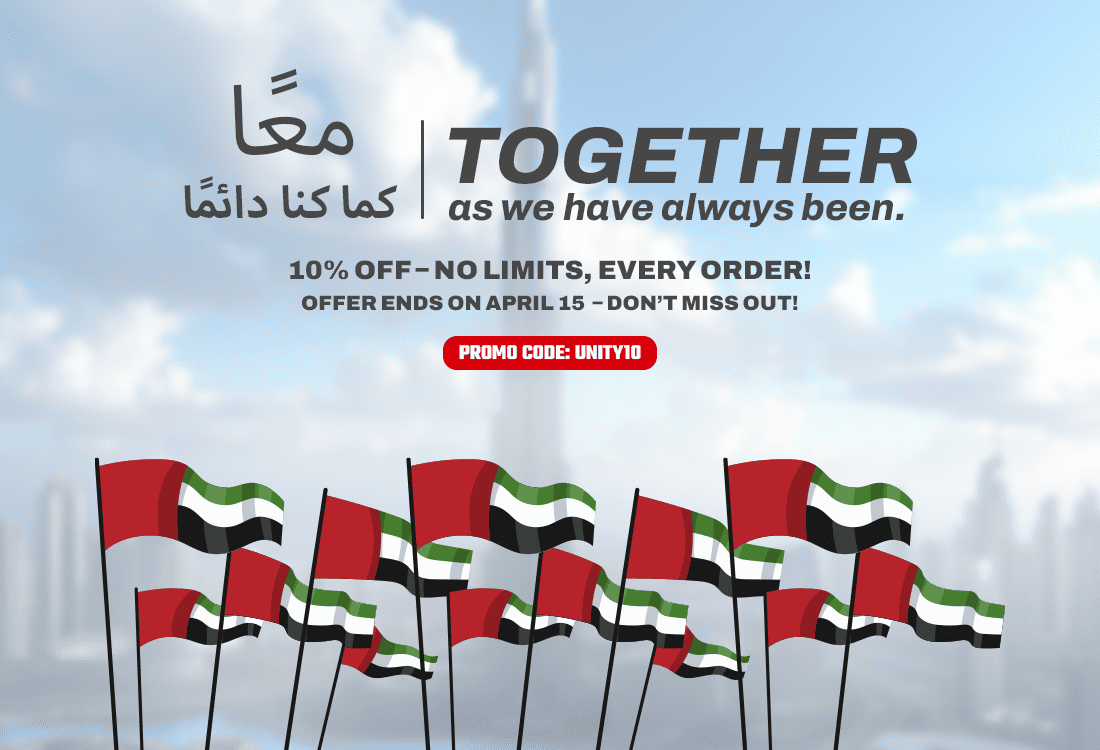 ملصق عرض ترويجي في دبي يوضح خصم 10٪ على كل طلب باستخدام كود UNITY10 لفترة محدودة حتى 15 أبريل مع رسالة ثنائية اللغة عن الوحدة Digital Desk Dubai 10 percent discount offer poster UNITY10 promo code every order limited time April 15 Arabic English sale banner
