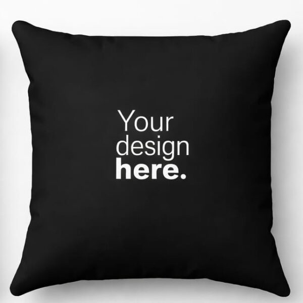 Black custom pillow cover with “Your design here” text, ideal for personalized printing and corporate branding