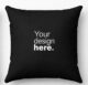 Black custom pillow cover with “Your design here” text, ideal for personalized printing and corporate branding