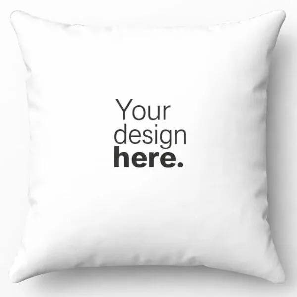 White custom pillow cover with “Your design here” text, ideal for personalized printing and corporate branding