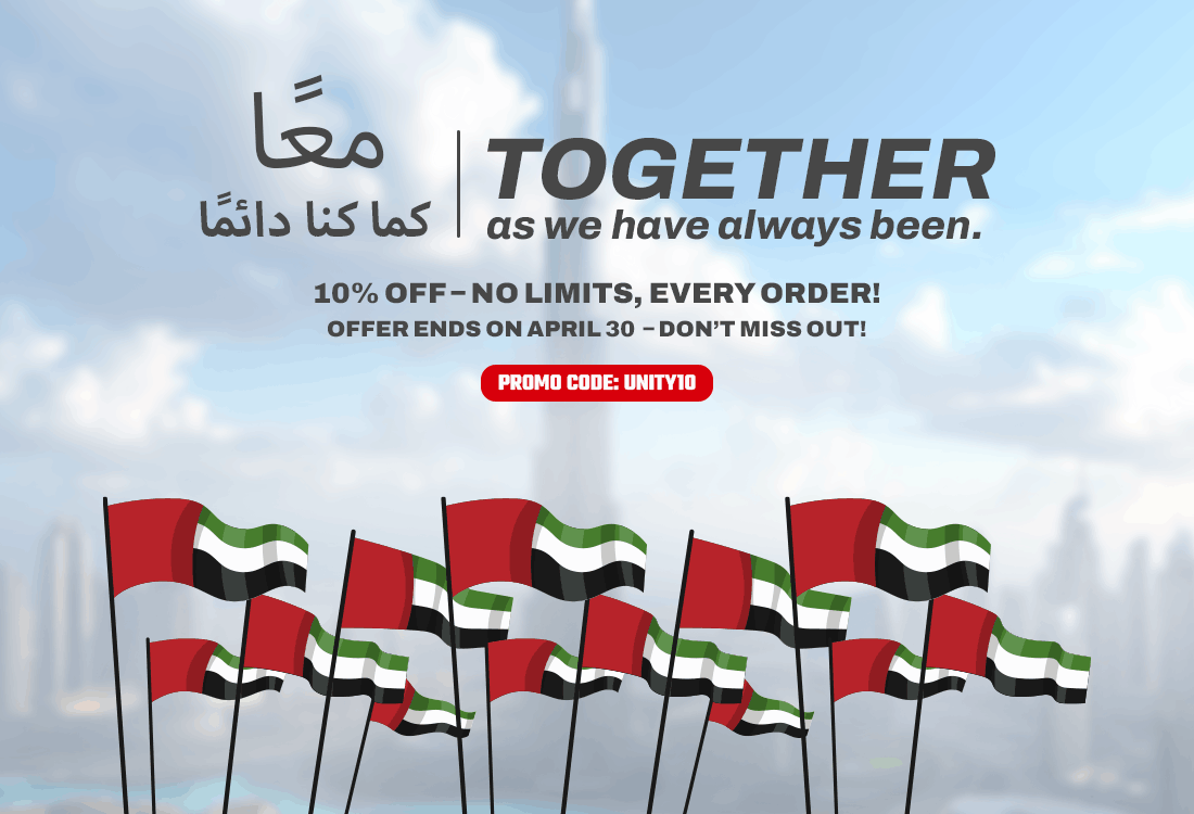 ملصق عرض ترويجي في دبي يوضح خصم 10٪ على كل طلب باستخدام كود UNITY10 لفترة محدودة حتى 15 أبريل مع رسالة ثنائية اللغة عن الوحدة Digital Desk Dubai 10 percent discount offer poster UNITY10 promo code every order limited time April 30 Arabic English sale banner