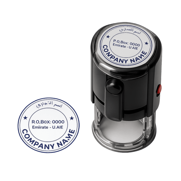 Custom self-inking company rubber stamp in Dubai available in round, square, oval and rectangle shapes with blue, black, red and green ink options.