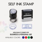 Custom self-inking company rubber stamp in Dubai available in round, square, oval and rectangle shapes with blue, black, red and green ink options.