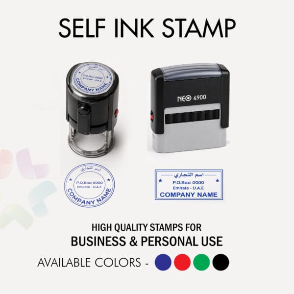 Custom self-inking company rubber stamp in Dubai available in round, square, oval and rectangle shapes with blue, black, red and green ink options.