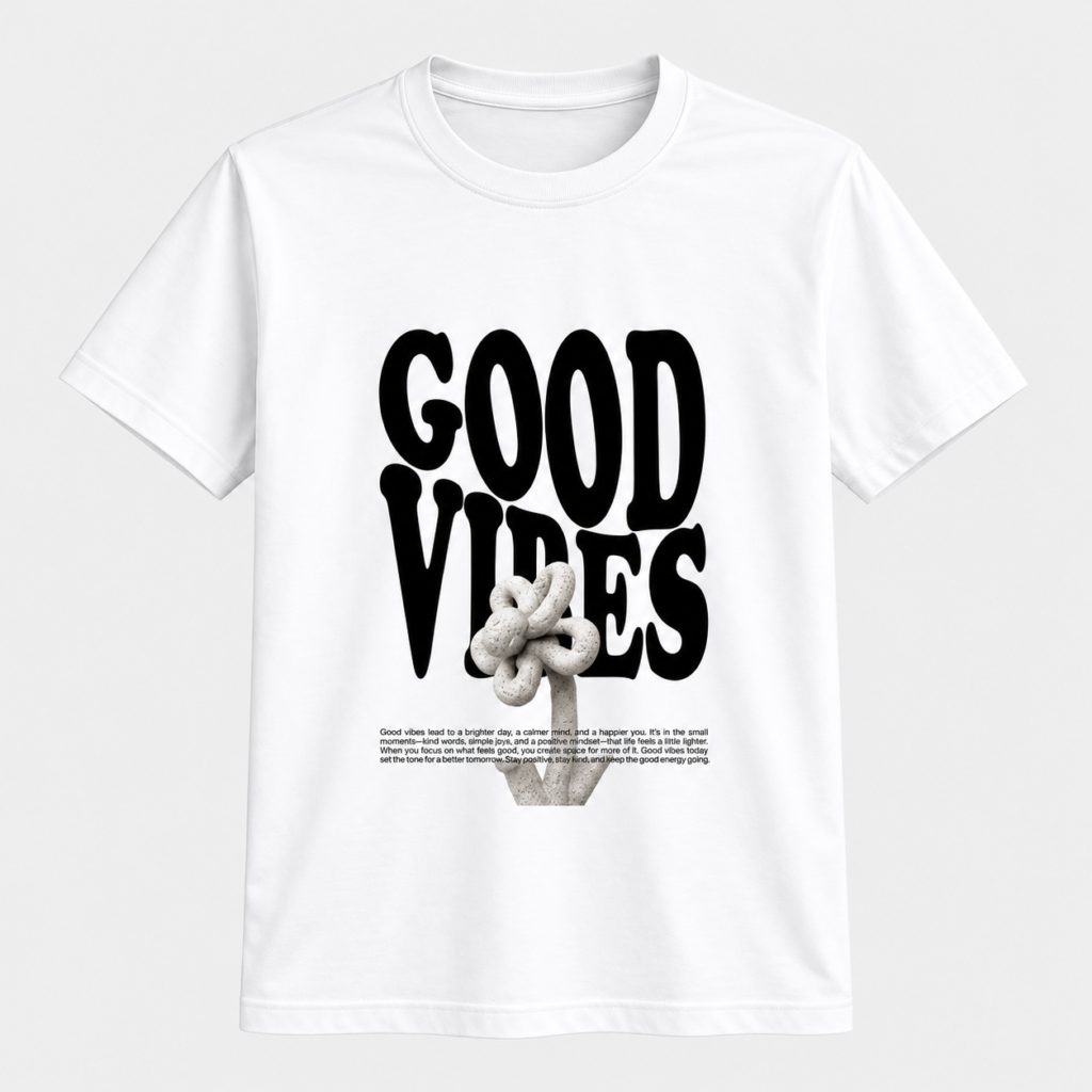 White round neck T-shirt with black Good Vibes custom print design