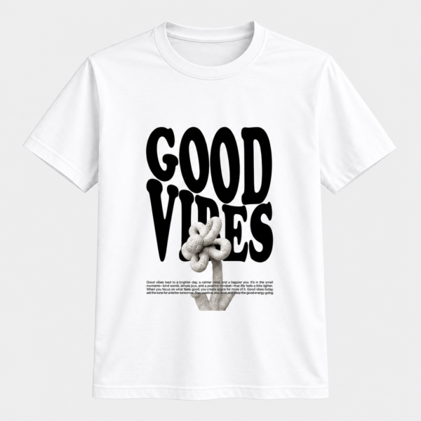 White round neck T-shirt with black Good Vibes custom print design